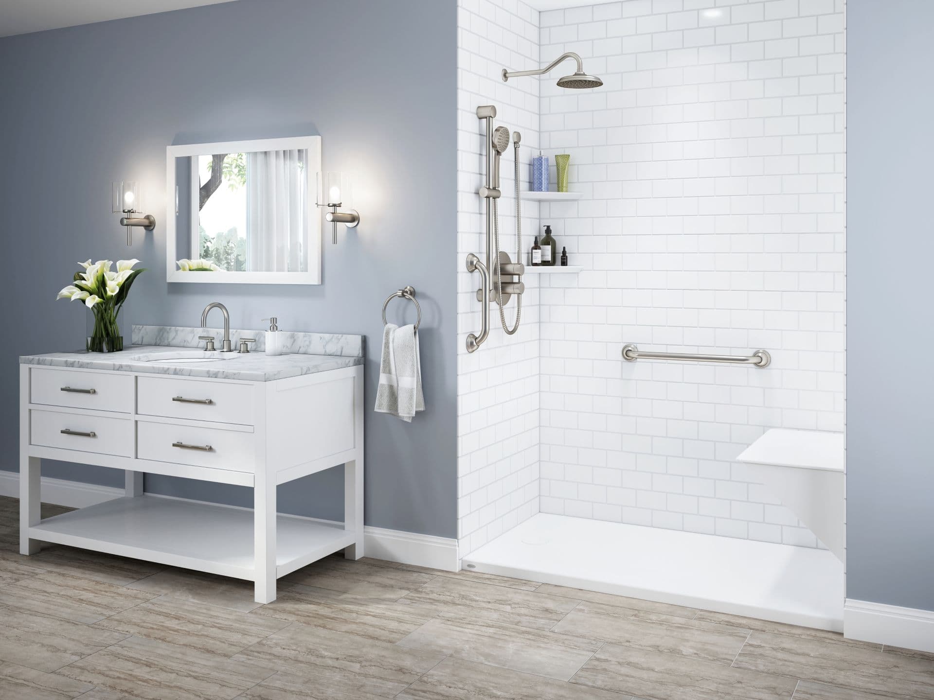 A walk-in shower with white subway tile walls, horizontal grab bar, and built-in bench.